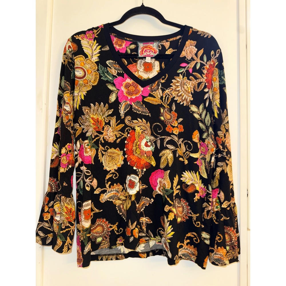 Johnny Was Los Angeles Floral Paisley Bell Sleeve V-Neck Top Black Medium